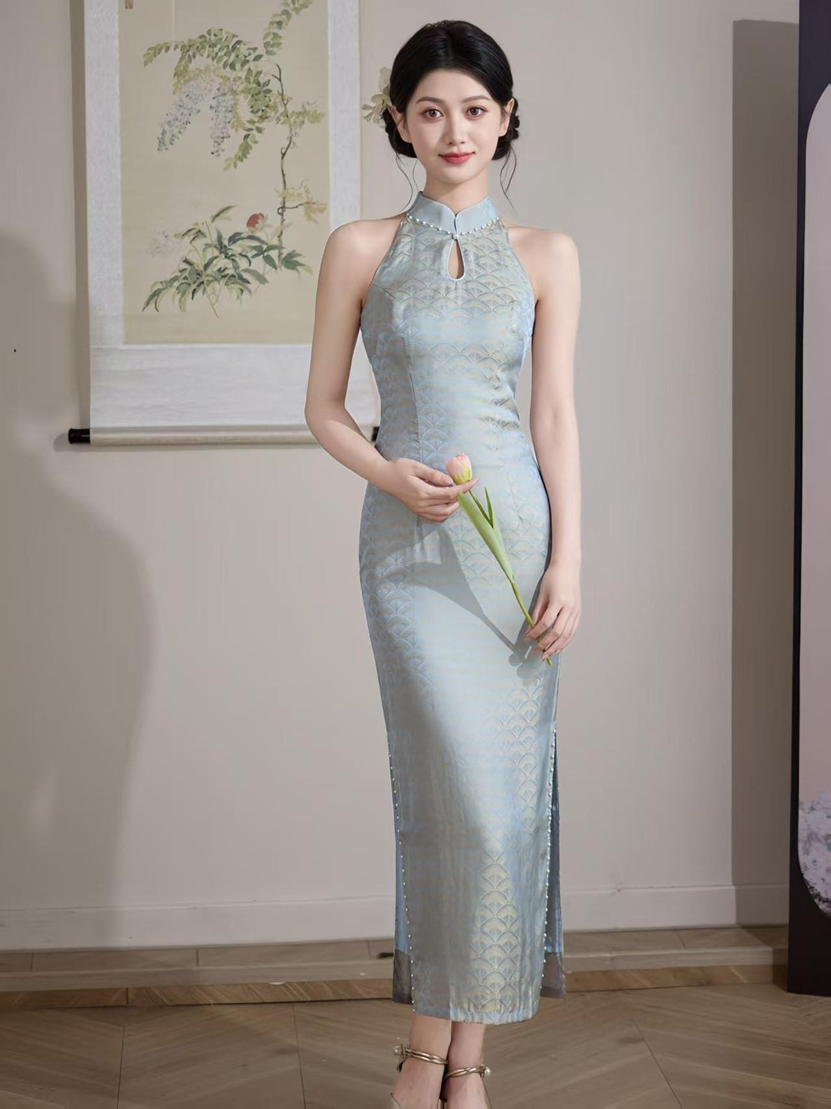 Women's Vintage Qipao Cheongsam Dress – Halter Neck Fitted – additional product view