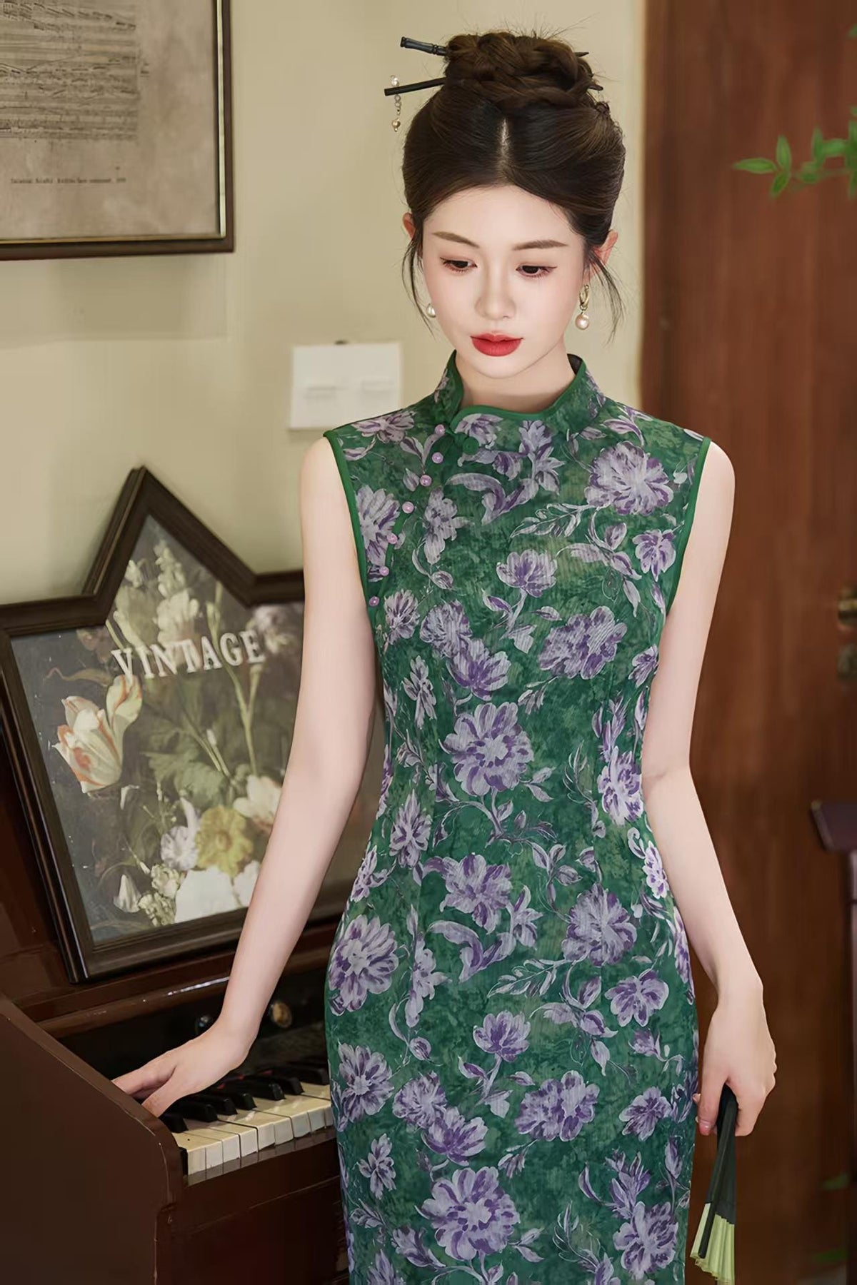 Women's Green Floral Qipao Cheongsam Dress – Mandarin Collar Fitted – additional product view