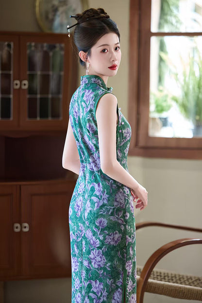 Women's Green Floral Qipao Cheongsam Dress – Mandarin Collar Fitted – additional product view