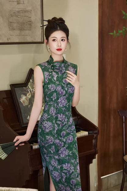 Women's Green Floral Qipao Cheongsam Dress – Mandarin Collar Fitted – additional product view