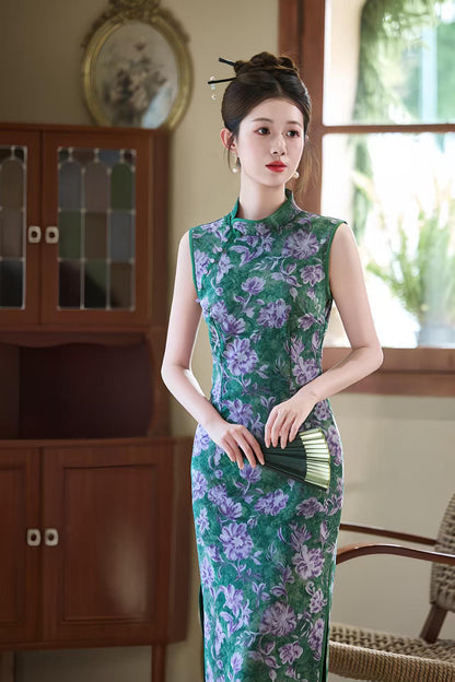 Women's Green Floral Qipao Cheongsam Dress – Mandarin Collar Fitted – additional product view