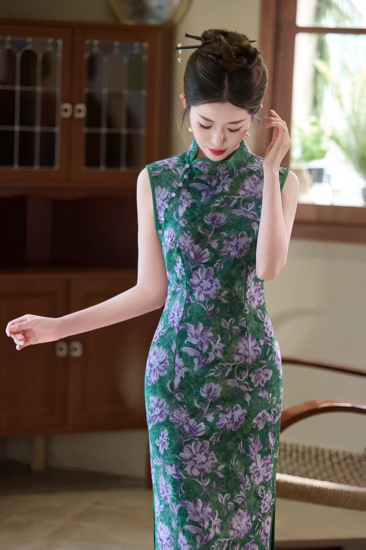 Women's Green Floral Qipao Cheongsam Dress – Mandarin Collar Fitted – additional product view