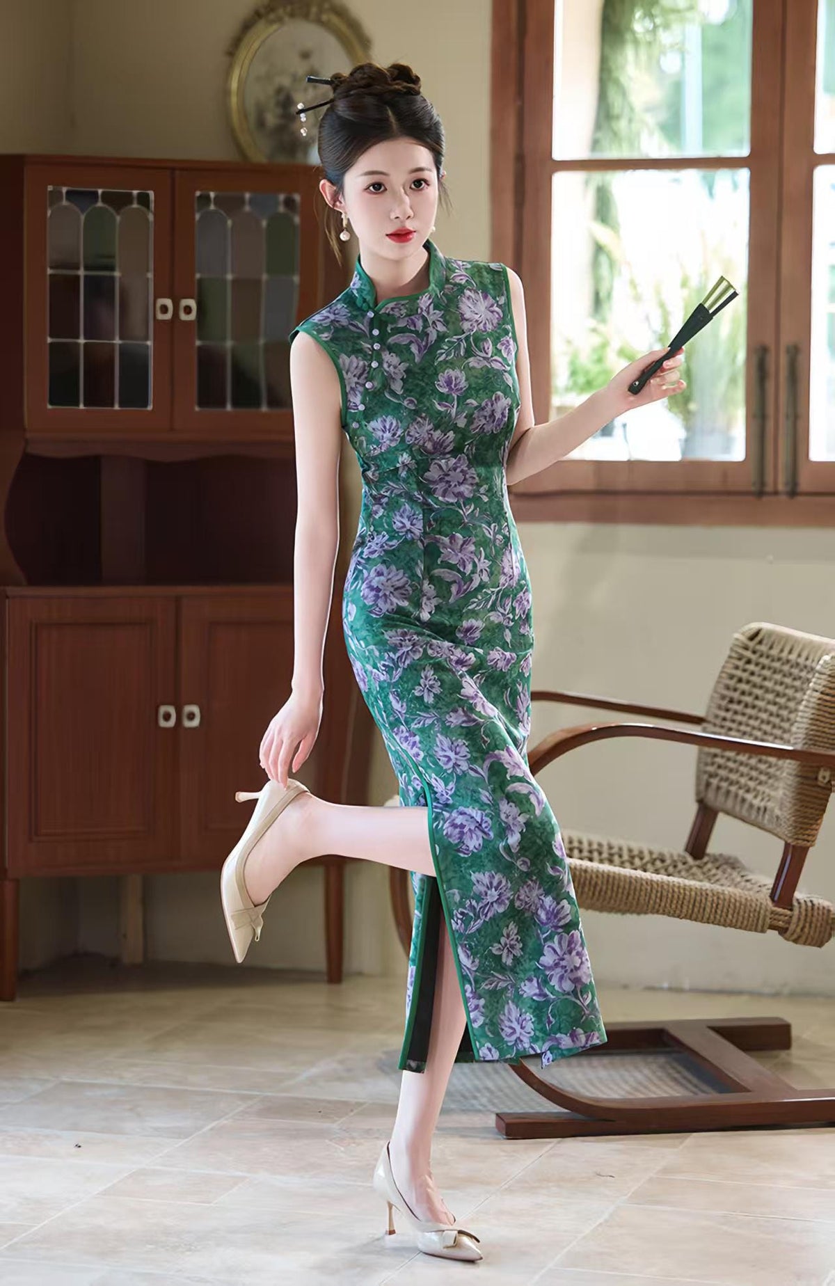 Women's Green Floral Qipao Cheongsam Dress – Mandarin Collar Fitted