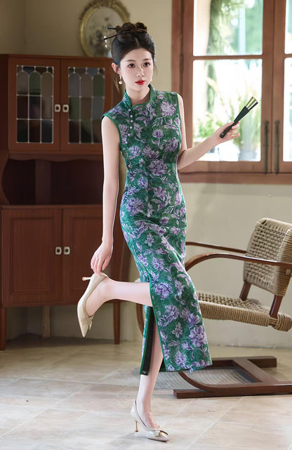 Women's Green Floral Qipao Cheongsam Dress – Mandarin Collar Fitted