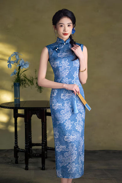 Women's Blue Floral Qipao Cheongsam Dress – Sleeveless Fitted – additional product view