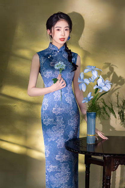 Women's Blue Floral Qipao Cheongsam Dress – Sleeveless Fitted – additional product view