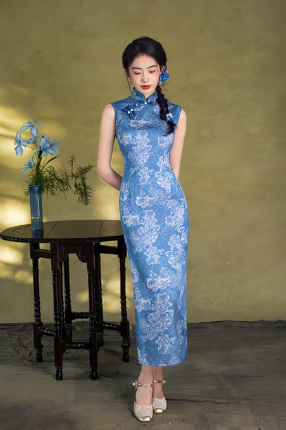 Women's Blue Floral Qipao Cheongsam Dress – Sleeveless Fitted – additional product view