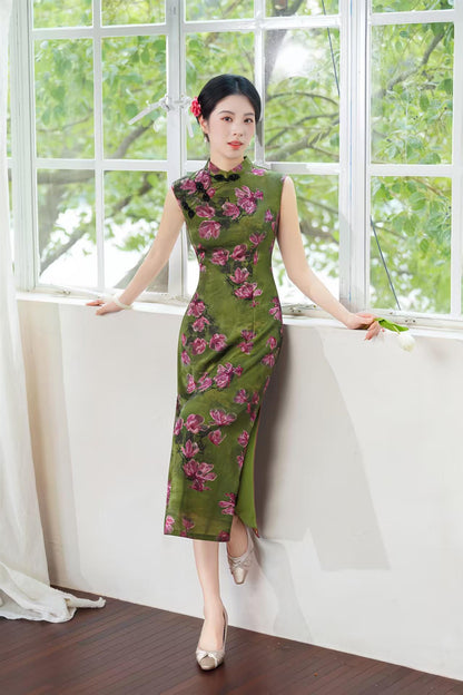 Women's Green Floral Satin Qipao Cheongsam Dress – Sleeveless Fitted – additional product view