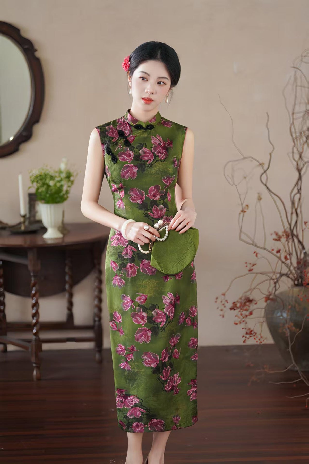 Women's Green Floral Satin Qipao Cheongsam Dress – Sleeveless Fitted – additional product view