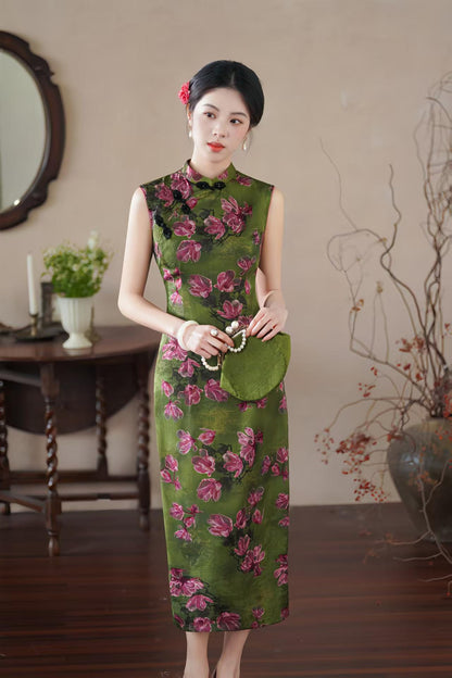 Women's Green Floral Satin Qipao Cheongsam Dress – Sleeveless Fitted – additional product view