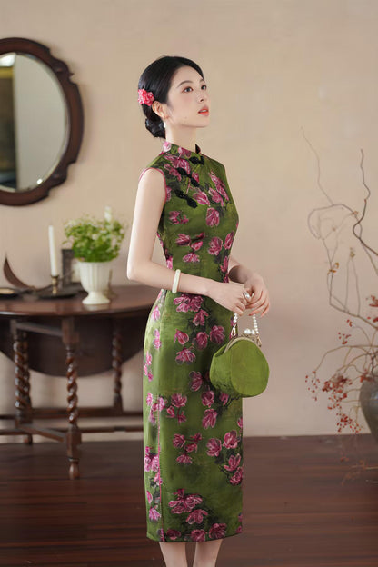 Women's Green Floral Satin Qipao Cheongsam Dress – Sleeveless Fitted – additional product view