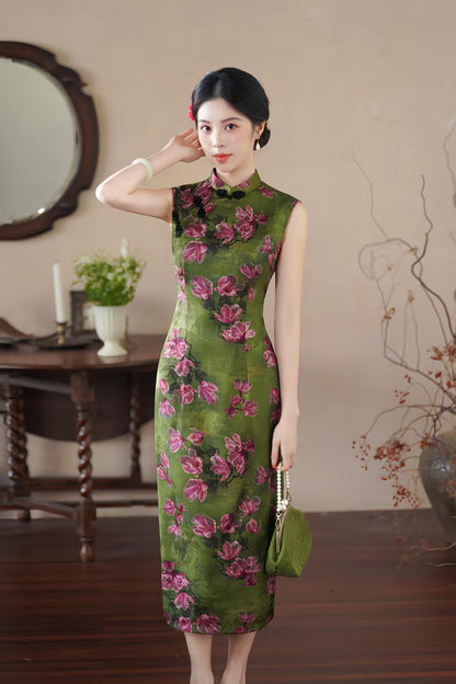 Women's Green Floral Satin Qipao Cheongsam Dress – Sleeveless Fitted – additional product view