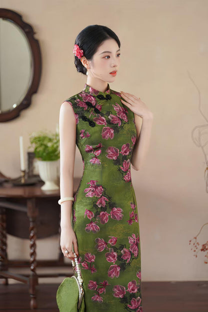 Women's Green Floral Satin Qipao Cheongsam Dress – Sleeveless Fitted – additional product view