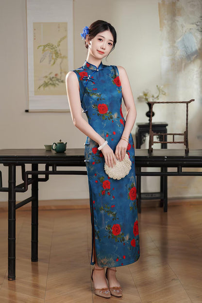 Women's Blue Vintage Qipao Cheongsam Dress – additional product view