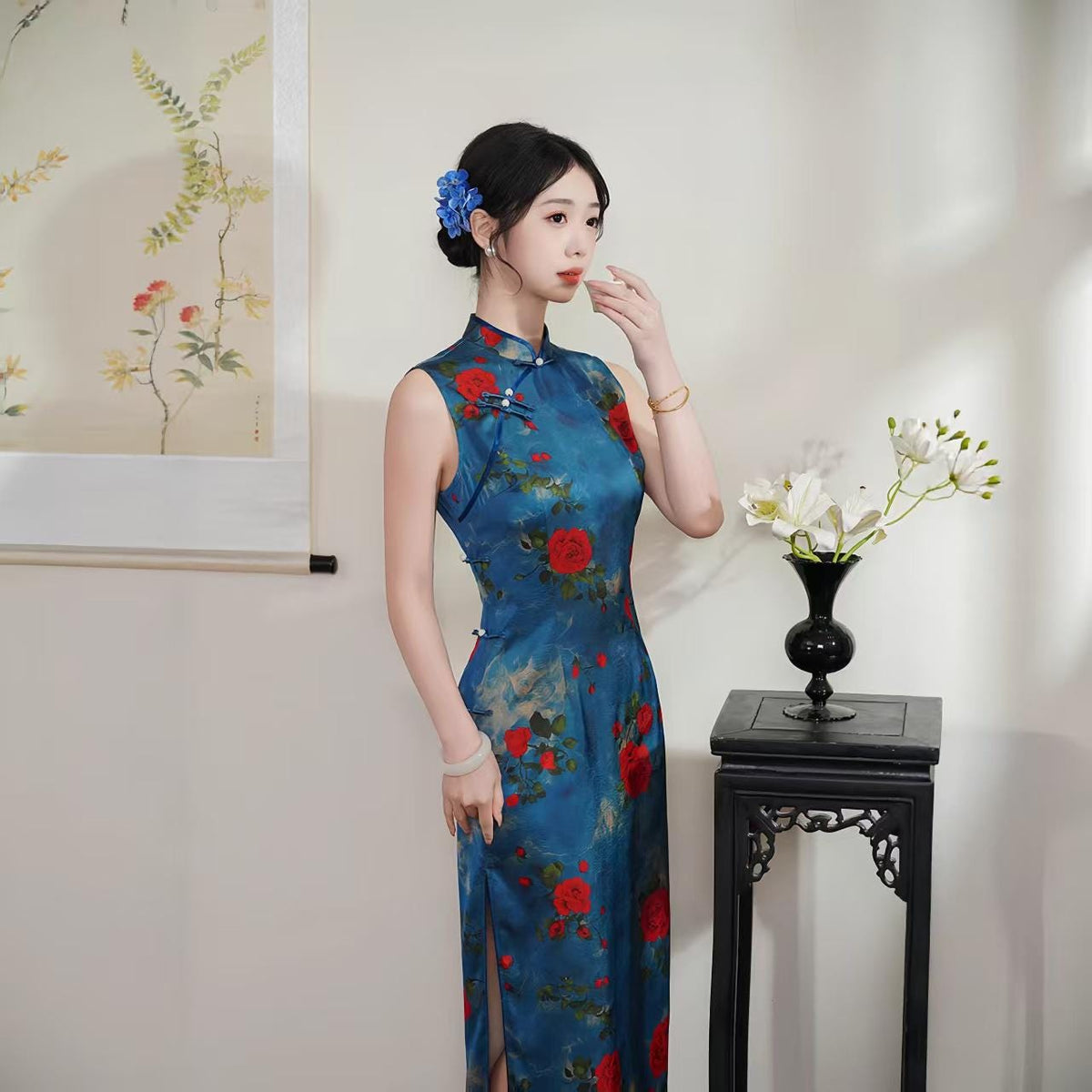 Women's Blue Vintage Qipao Cheongsam Dress – additional product view