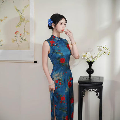 Women's Blue Vintage Qipao Cheongsam Dress – additional product view