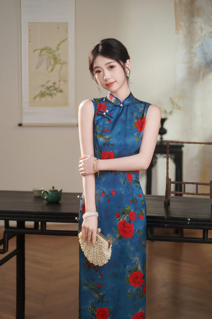 Women's Blue Vintage Qipao Cheongsam Dress – additional product view