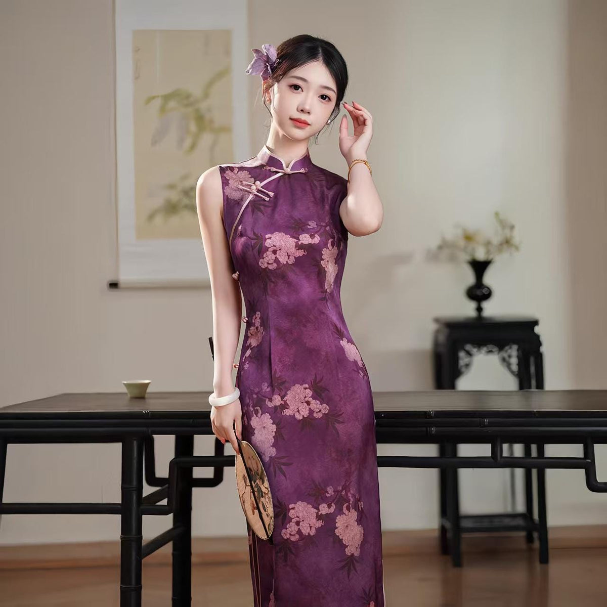 Women's Pink Vintage Qipao Cheongsam Dress – Printed Maxi