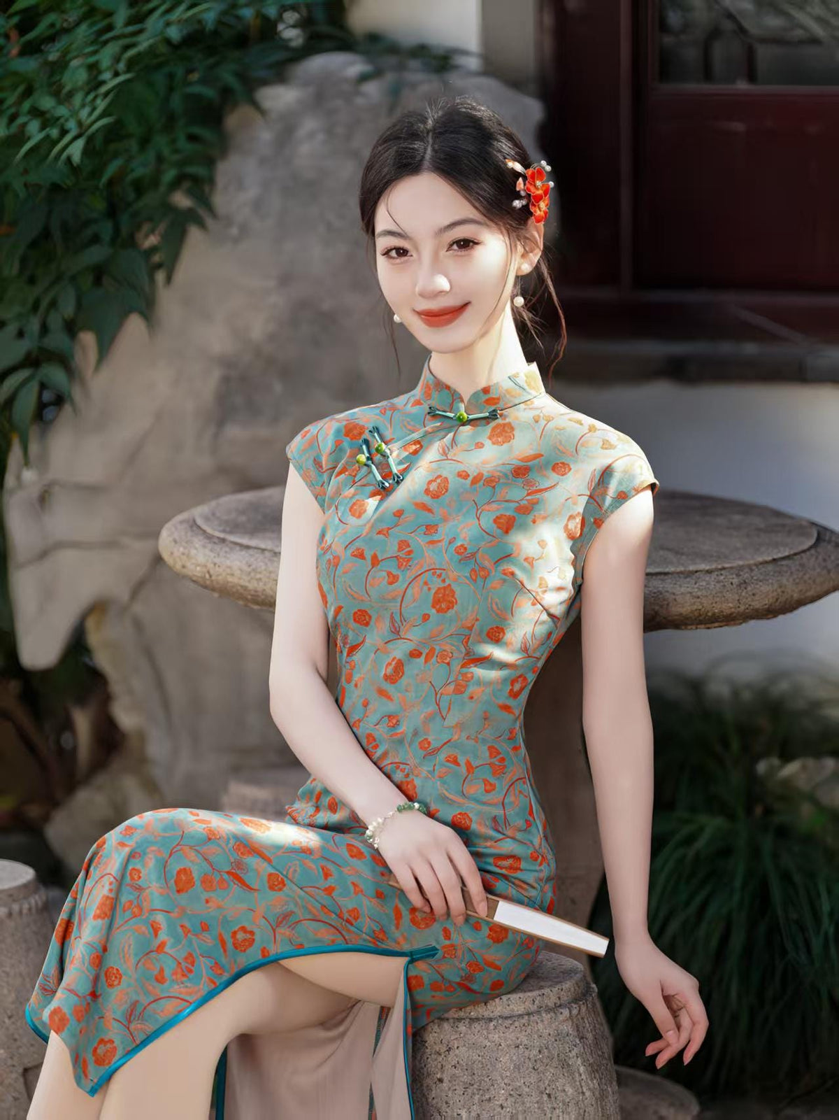 Women's Blue Vintage Qipao Cheongsam Dress – additional product view