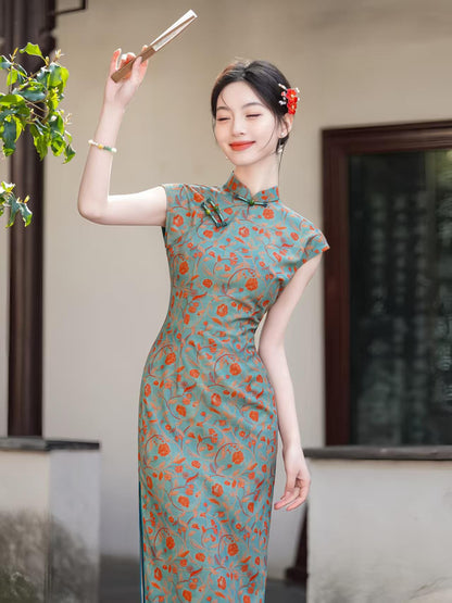 Women's Blue Vintage Qipao Cheongsam Dress