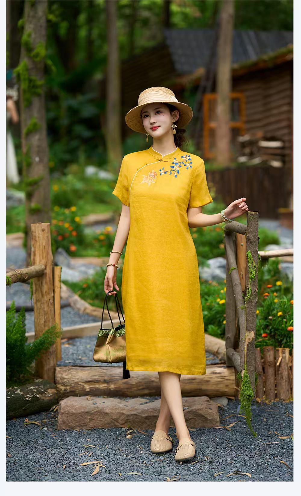 Women's Embroidered Qipao Cheongsam Dress – Ramie – additional product view