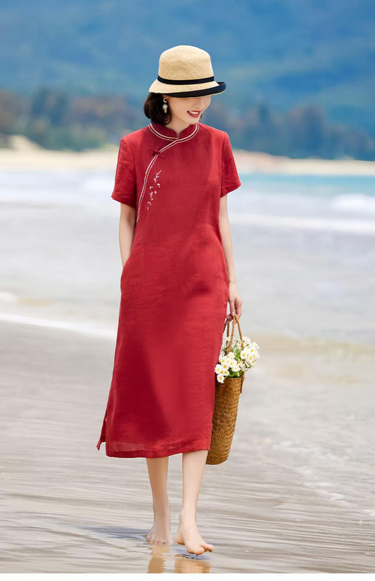 Women's Red Vintage Qipao Cheongsam Dress – Ramie