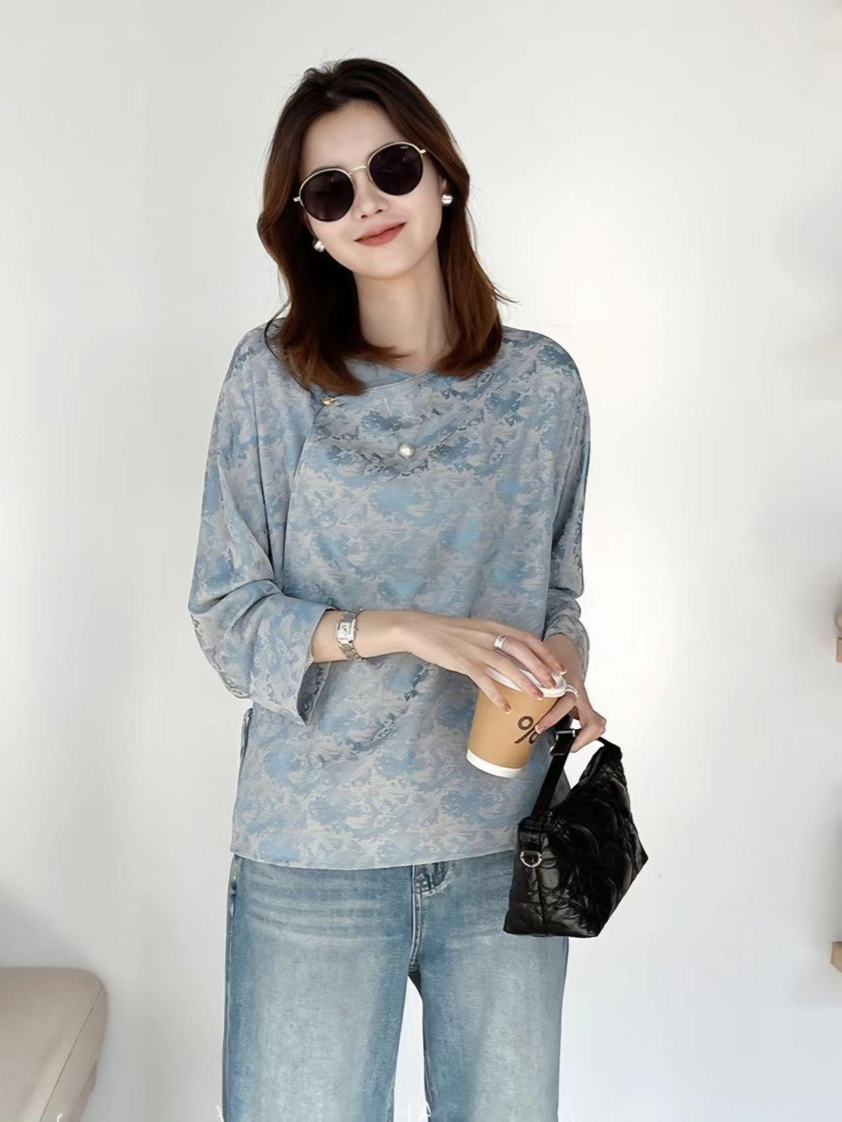 Women's Blue Jacquard Chinese Style Blouse