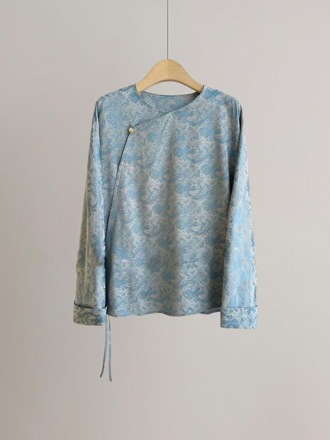 Women's Blue Jacquard Chinese Style Blouse – additional product view