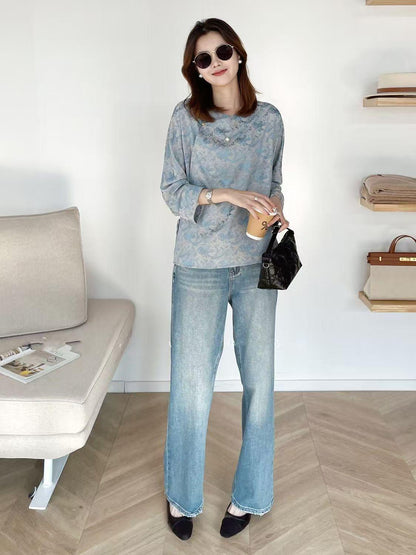 Women's Blue Jacquard Chinese Style Blouse – additional product view