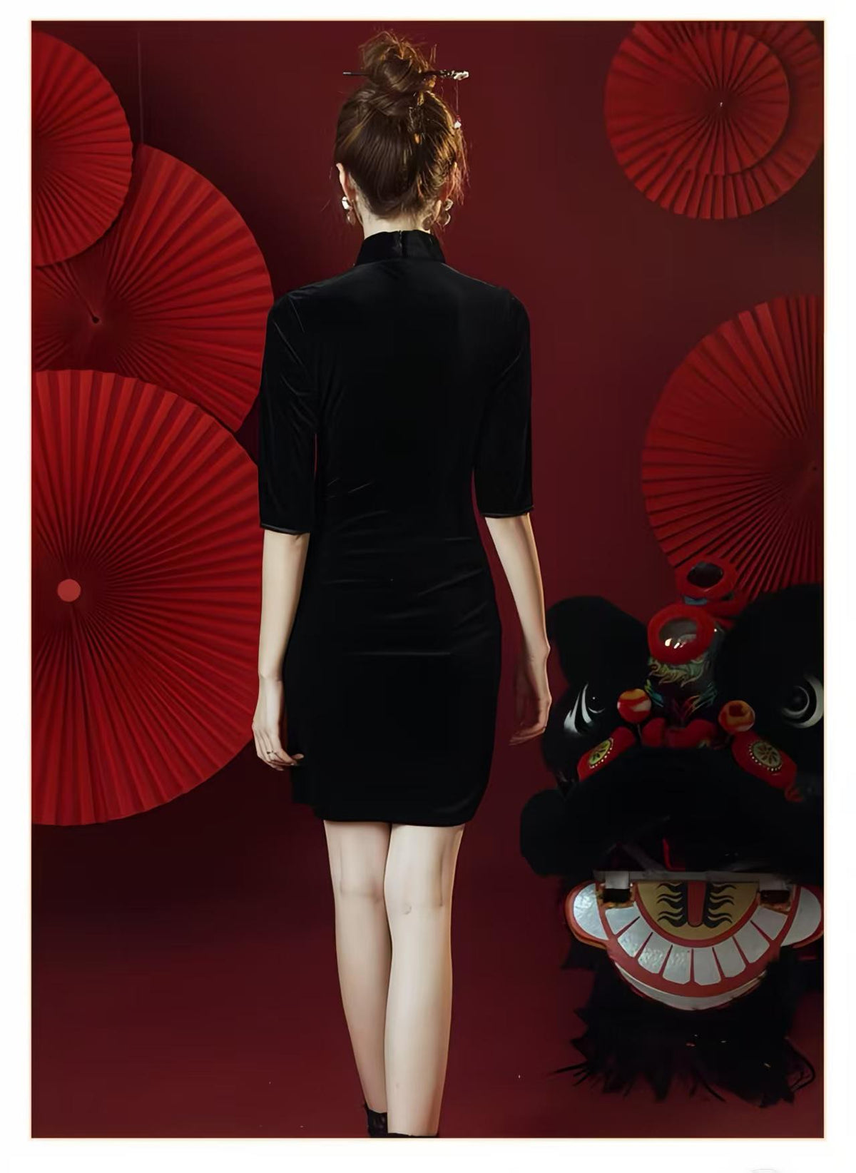 Women's Black Embroidered Velvet Qipao Cheongsam Dress – Crane – additional product view