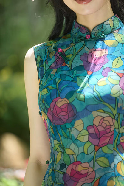 Women's Blue Floral Qipao Cheongsam Dress – additional product view