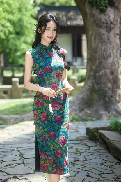 Women's Blue Floral Qipao Cheongsam Dress – additional product view