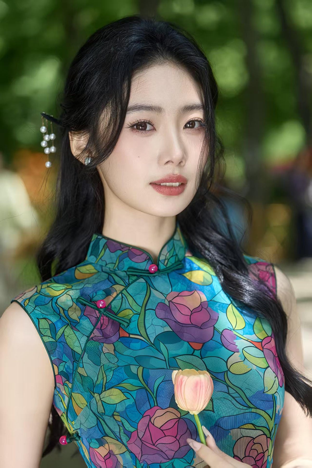 Women's Blue Floral Qipao Cheongsam Dress – additional product view