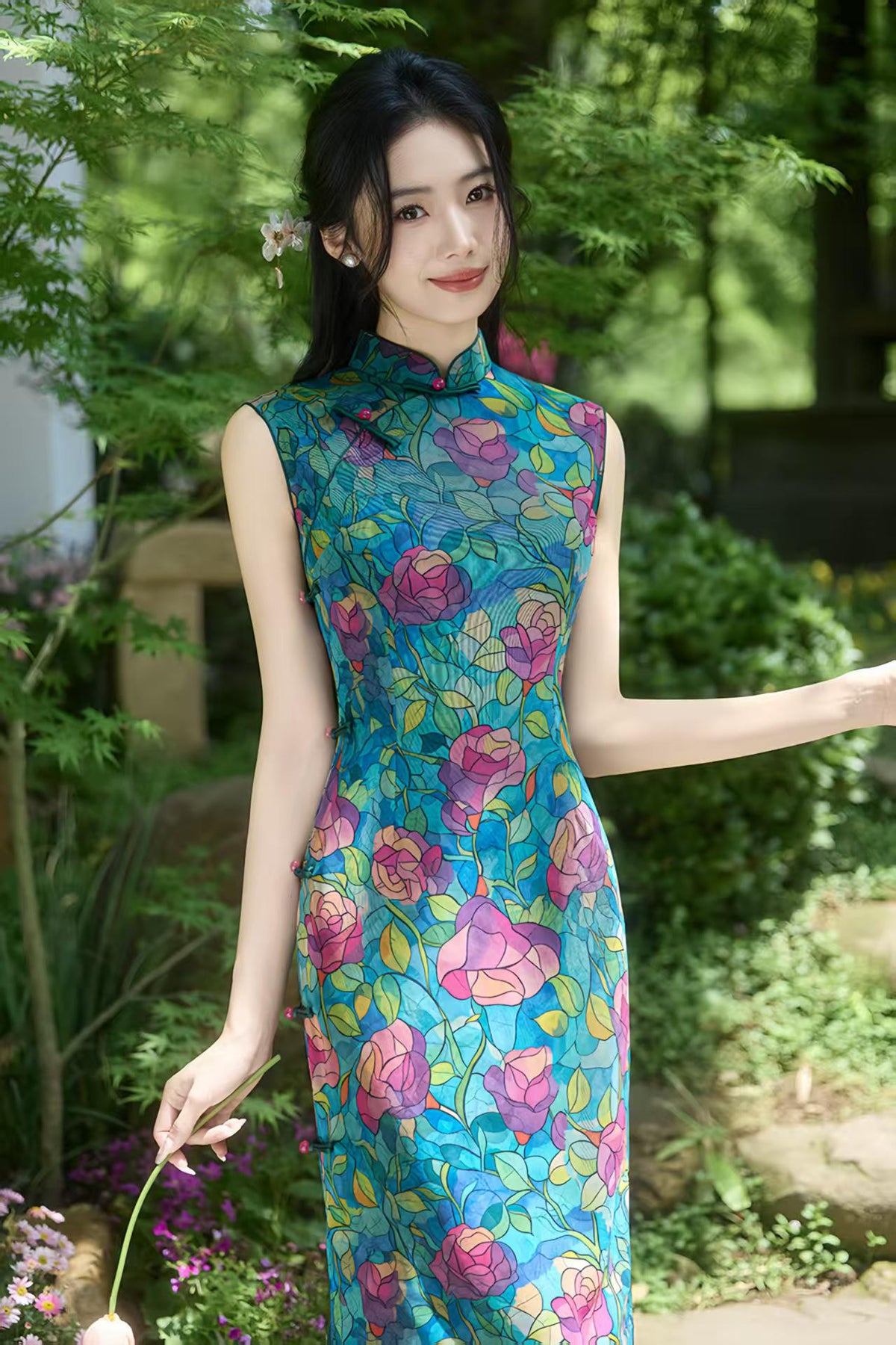 Women's Blue Floral Qipao Cheongsam Dress – additional product view