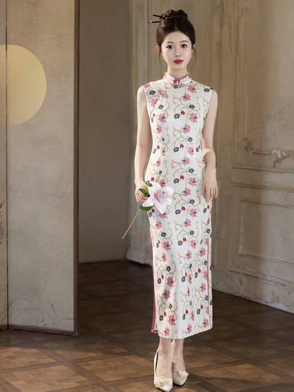 Women's White Floral Qipao Cheongsam Dress – Sleeveless Maxi – additional product view