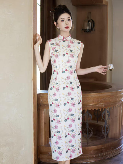 Women's White Floral Qipao Cheongsam Dress – Sleeveless Maxi – additional product view