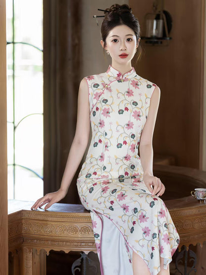 Women's White Floral Qipao Cheongsam Dress – Sleeveless Maxi – additional product view