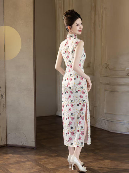 Women's White Floral Qipao Cheongsam Dress – Sleeveless Maxi – additional product view