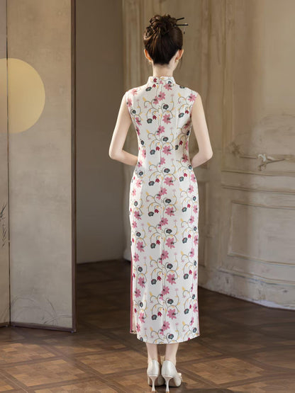 Women's White Floral Qipao Cheongsam Dress – Sleeveless Maxi – additional product view