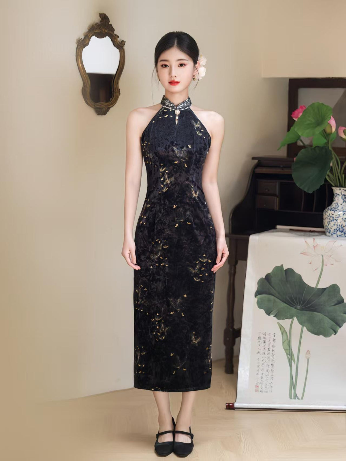 Women's Black Floral Qipao Cheongsam Dress – additional product view