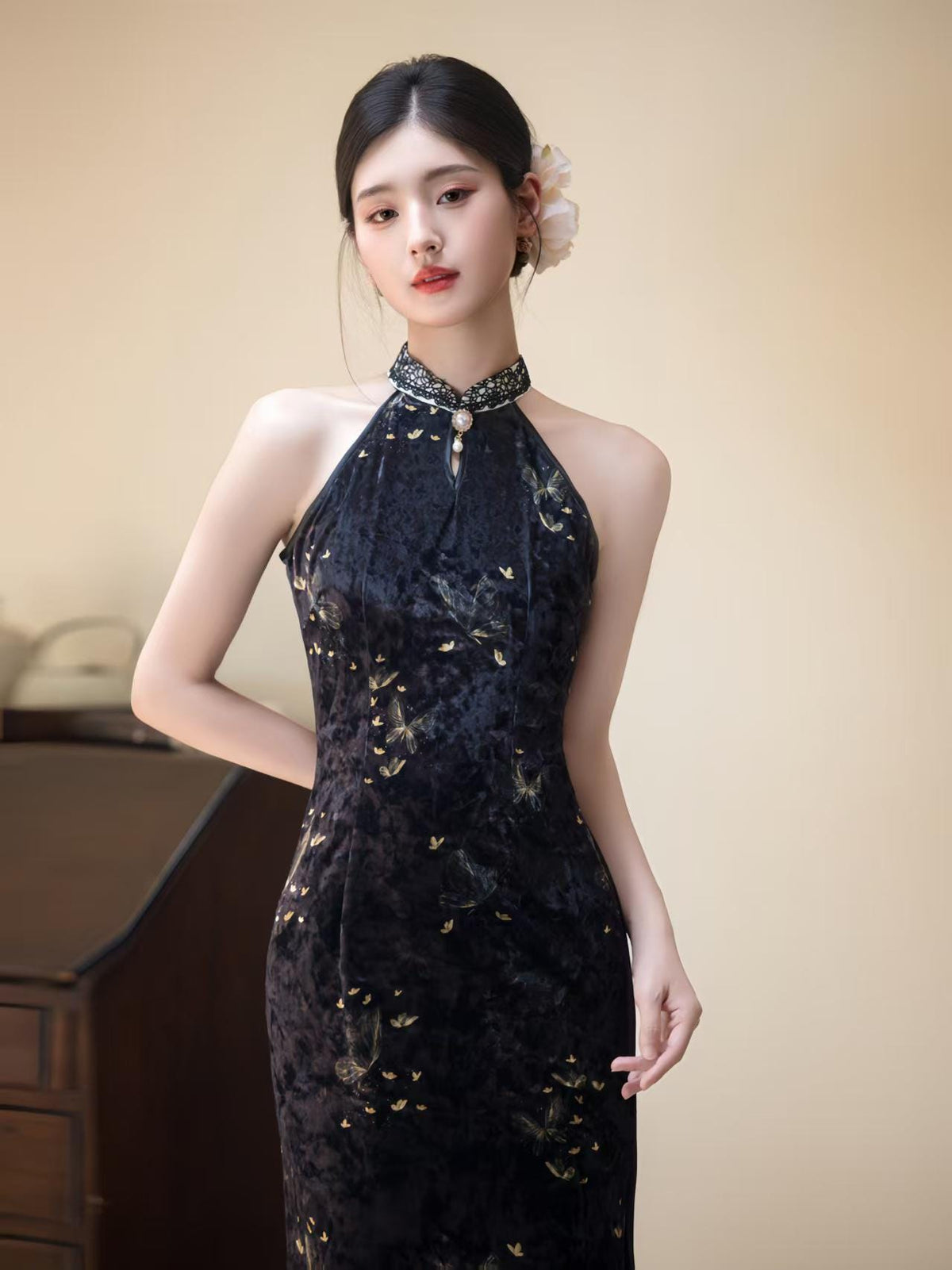 Women's Black Floral Qipao Cheongsam Dress