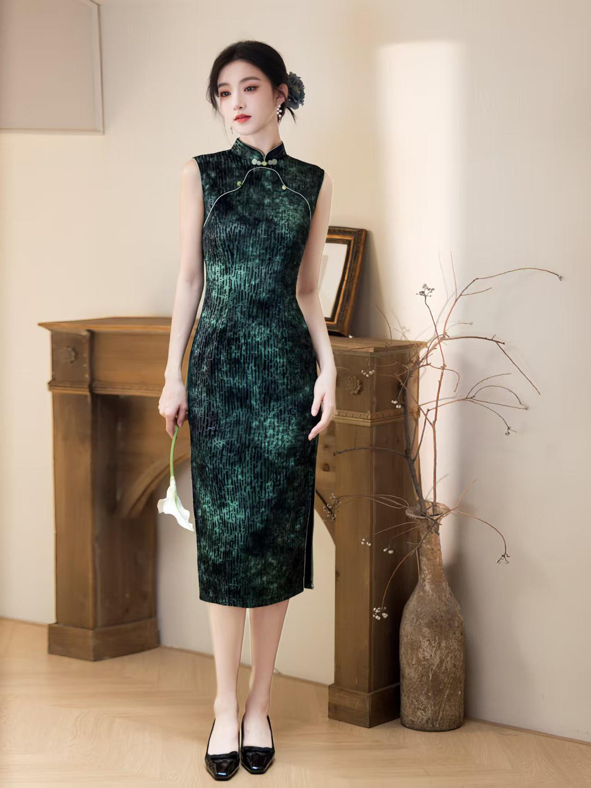 Women's Green Vintage Qipao Cheongsam Dress – Sleeveless Fitted – additional product view