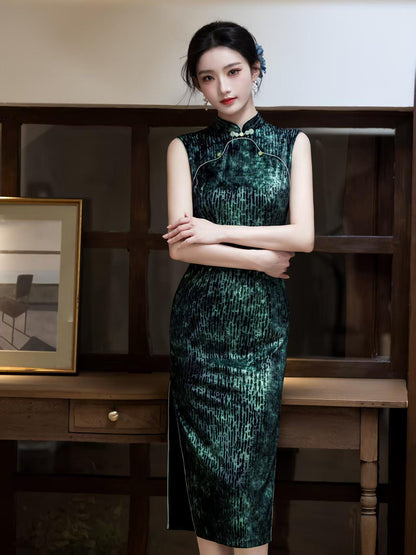 Women's Green Vintage Qipao Cheongsam Dress – Sleeveless Fitted – additional product view