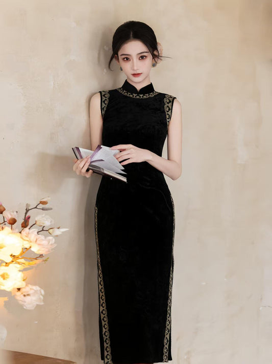 Women's Black Vintage Velvet Qipao Cheongsam Dress – Sleeveless Maxi Fitted