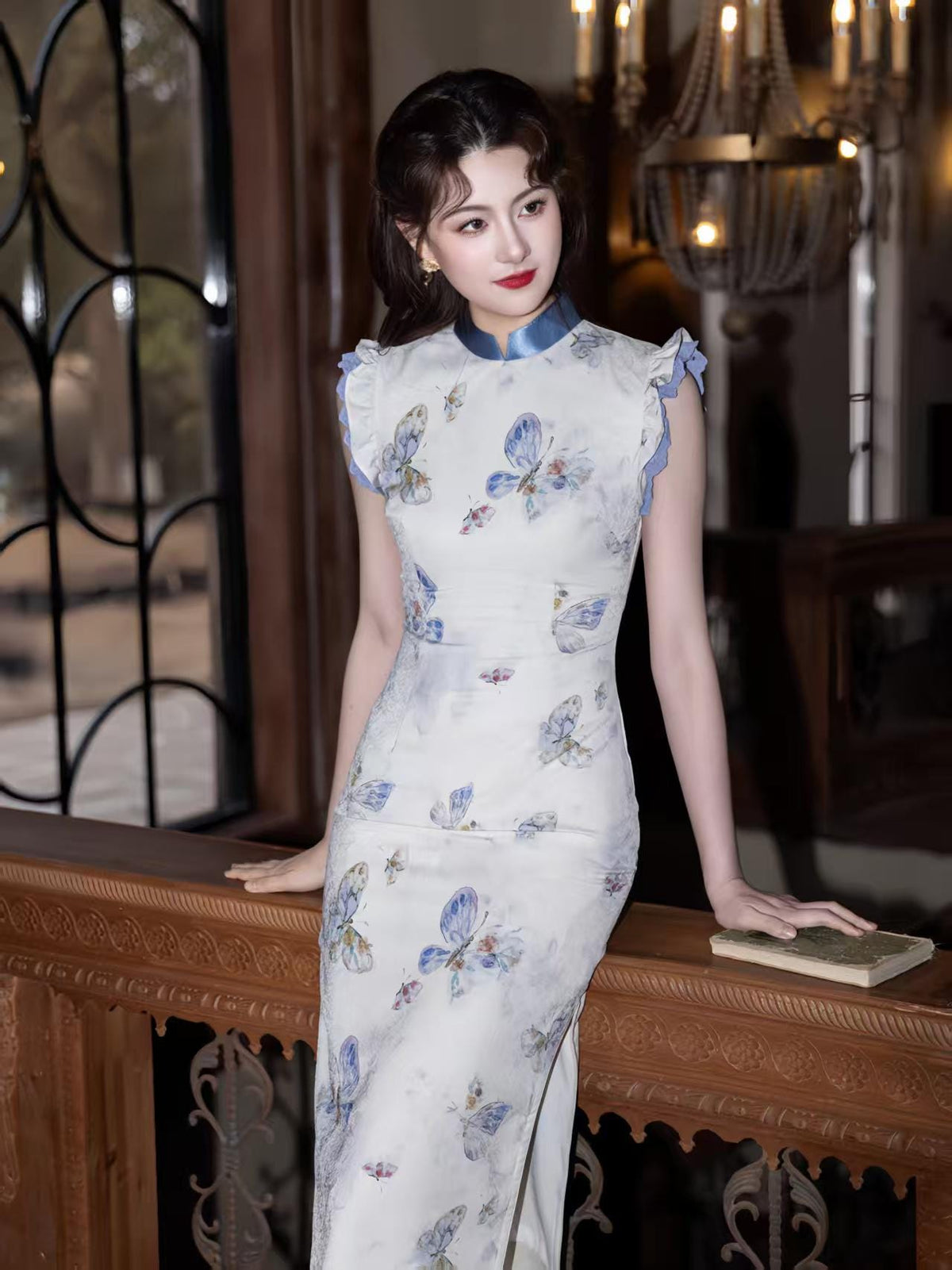Women's Blue Vintage Qipao Cheongsam Dress – Butterfly Long Fitted – additional product view