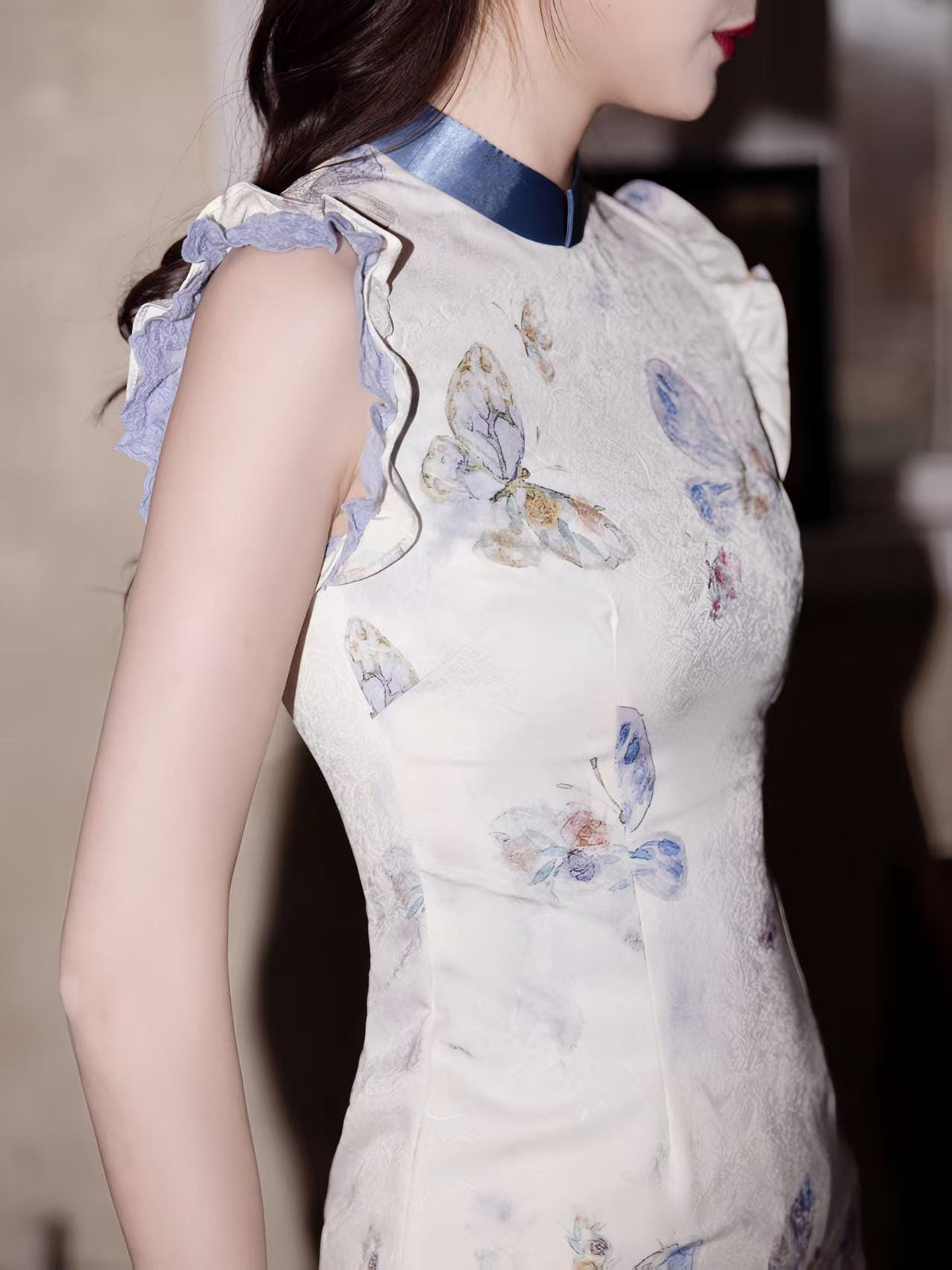 Women's Blue Vintage Qipao Cheongsam Dress – Butterfly Long Fitted – additional product view