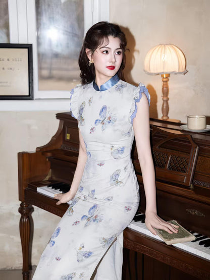 Women's Blue Vintage Qipao Cheongsam Dress – Butterfly Long Fitted – additional product view