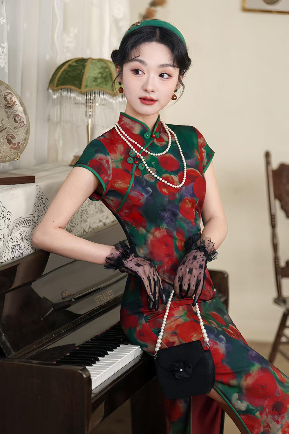 Women's Green Floral Qipao Cheongsam Dress – additional product view