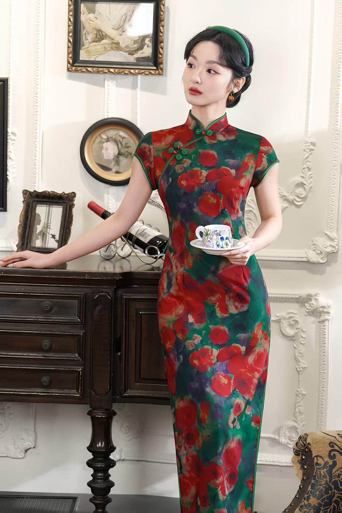 Women's Green Floral Qipao Cheongsam Dress