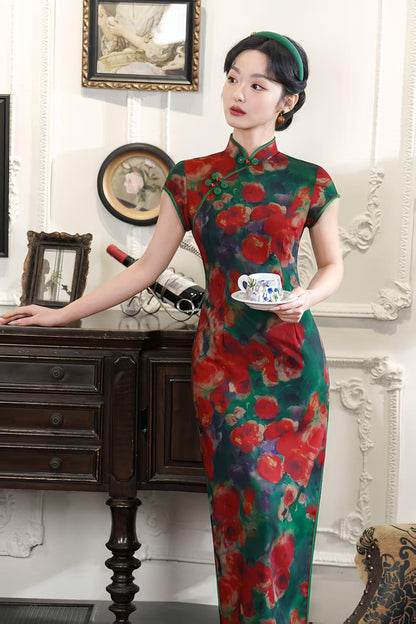 Women's Green Floral Qipao Cheongsam Dress
